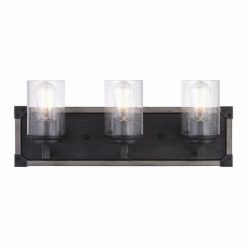Wholesale 😉 Patriot Lighting® Levon Weathered Gray Faux Wood And Black 3-Light Vanity Light ✨